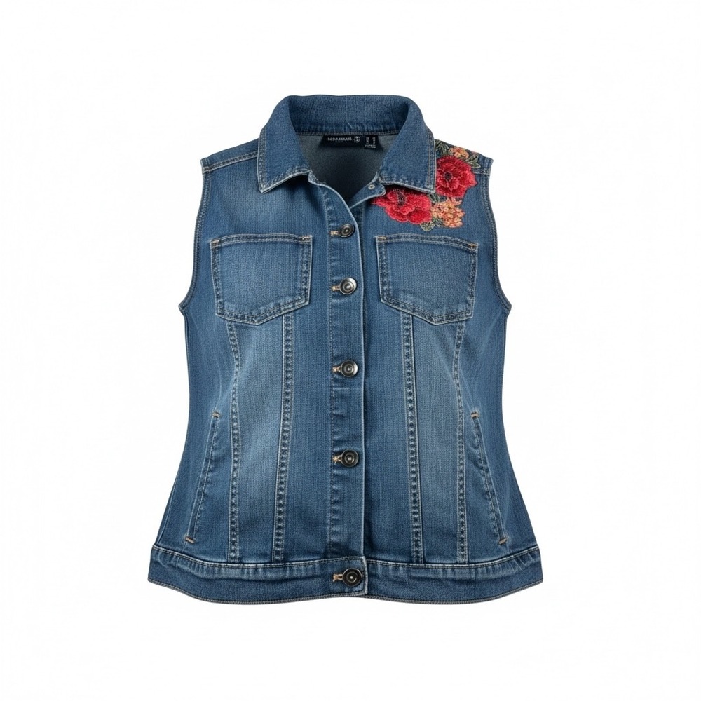 Susan Graver Jeans Embroidered Floral Denim Vest Women's XS‎ Blue